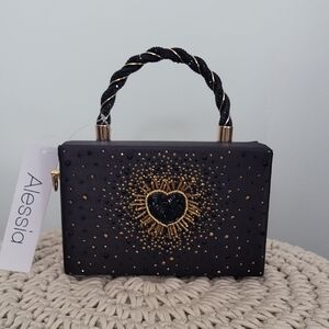Alessia Black and Gold Heart Embellished Clutch